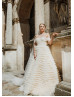 Off Shoulder Champagne Tulle Ruffled Luxurious Wedding Dress Off Shoulder Champagne Tulle Ruffled Luxurious Wedding Dress